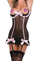 Retro Mesh Cupless Chemise with Garter & G-String